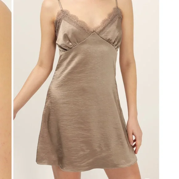 storets Satin Slip Mini Dress in Taupe/Brown silky quite luxury boho festival - Picture 2 of 11